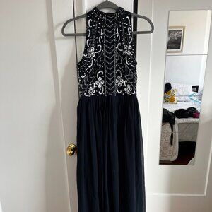 Formal Navy Beaded Top Long Dress - Lace and Beads Brand